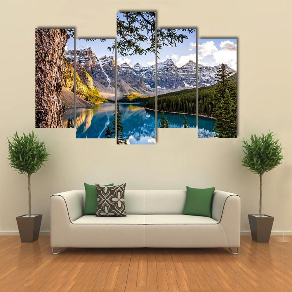 Moraine Lake & Mountains Canvas Wall Art-5 Pop-Gallery Wrap-47" x 32"-Tiaracle