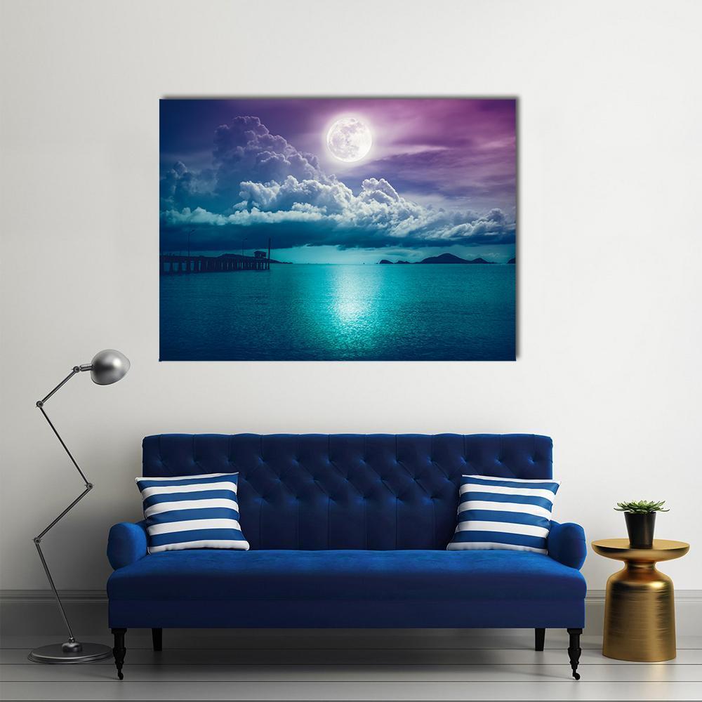Moon On Seascape Canvas Wall Art-1 Piece-Gallery Wrap-48" x 32"-Tiaracle