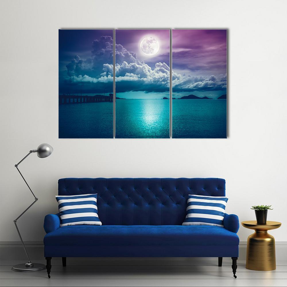 Moon On Seascape Canvas Wall Art-3 Horizontal-Gallery Wrap-37" x 24"-Tiaracle