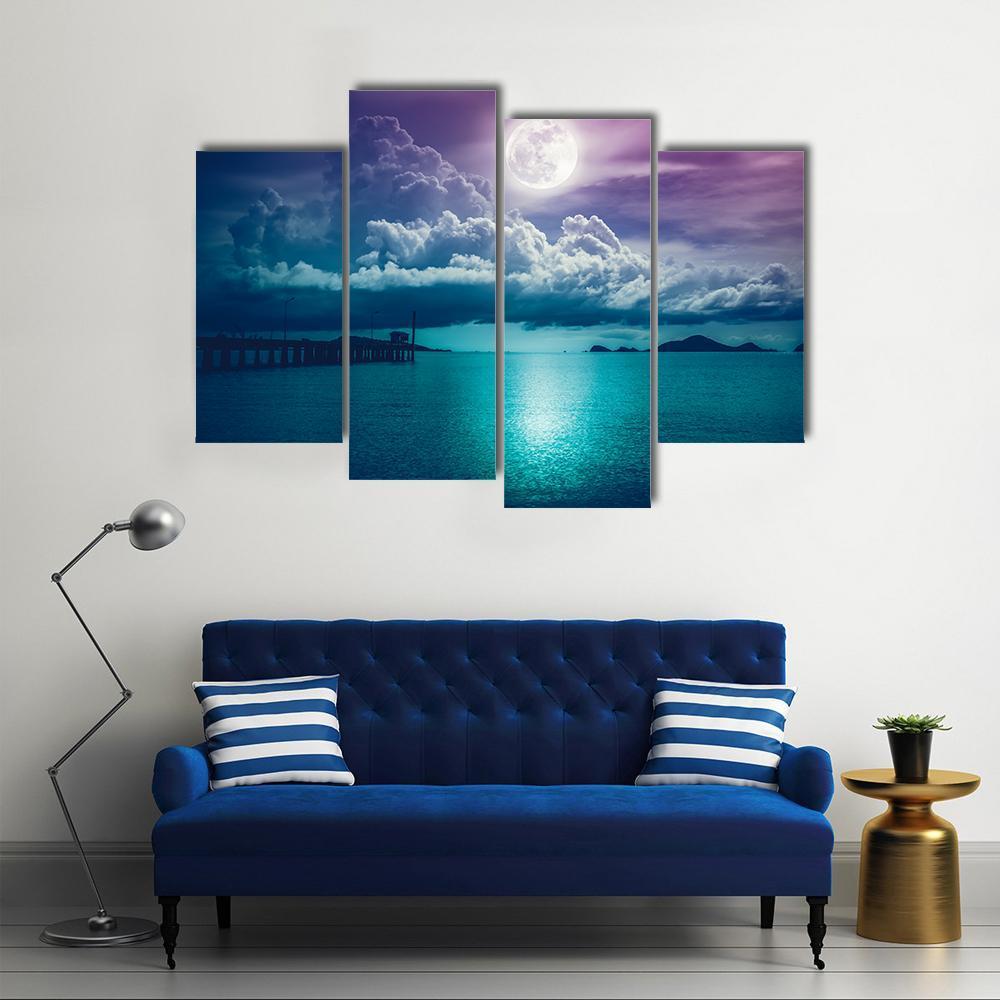 Moon On Seascape Canvas Wall Art-4 Pop-Gallery Wrap-50" x 32"-Tiaracle