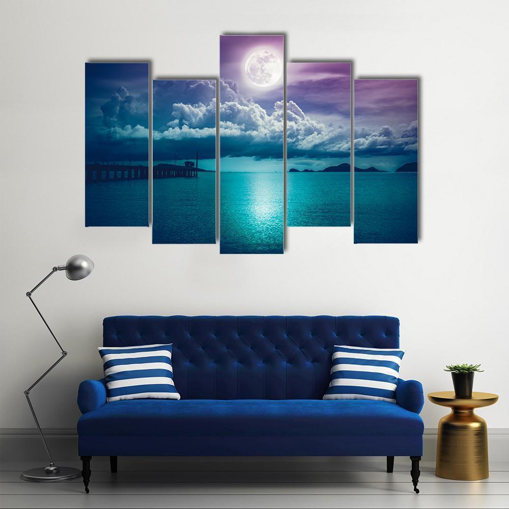 Moon On Seascape Canvas Wall Art-5 Pop-Gallery Wrap-47" x 32"-Tiaracle