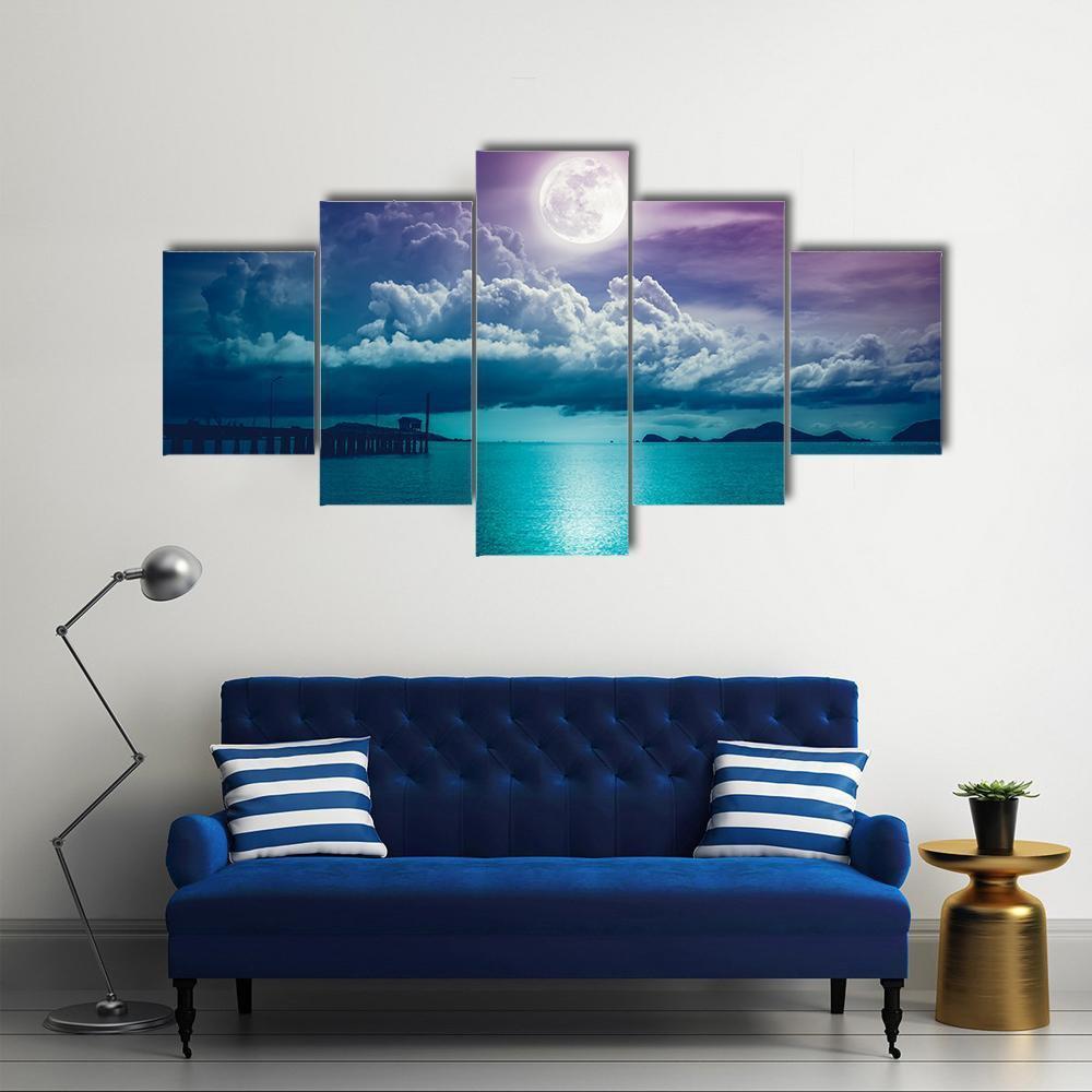 Moon On Seascape Canvas Wall Art-5 Star-Gallery Wrap-62" x 32"-Tiaracle