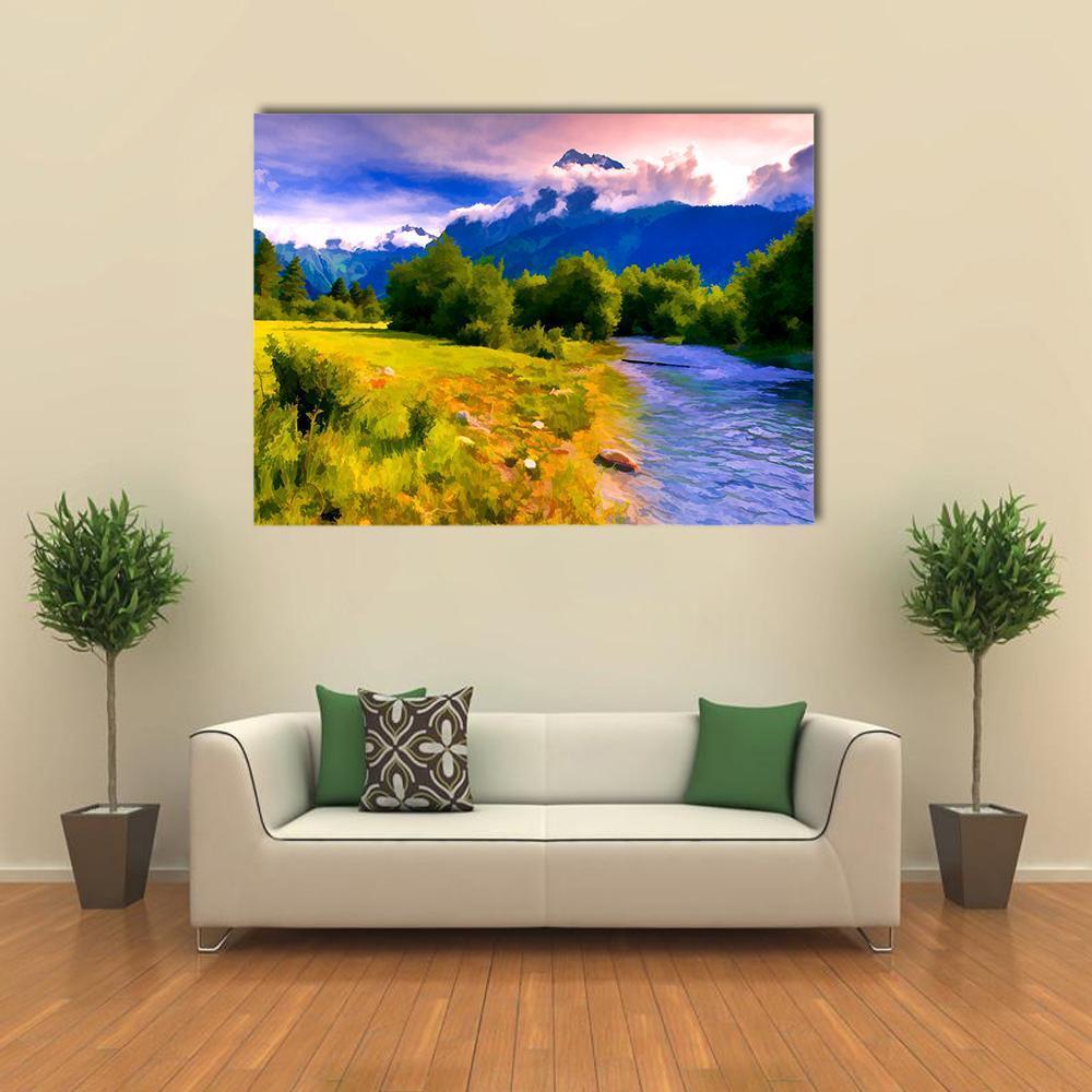 Blue River Watercolor Landscape Canvas Wall Art in yellow, green and blue, single panel hung on a wall