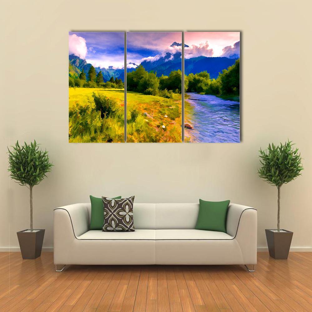 Blue River Watercolor Canvas Wall Art-3 Horizontal-Gallery Wrap-37" x 24"-Tiaracle