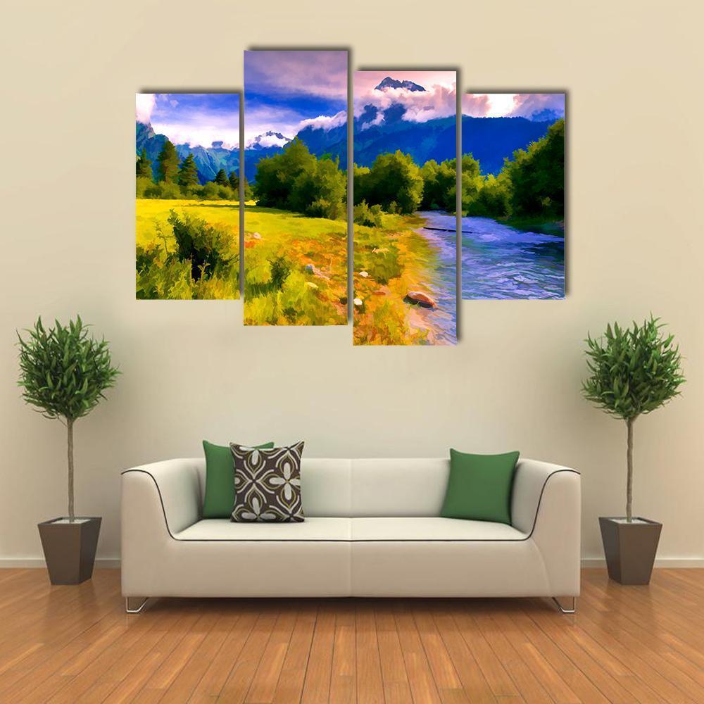 Blue River Watercolor Canvas Wall Art-4 Pop-Gallery Wrap-50" x 32"-Tiaracle