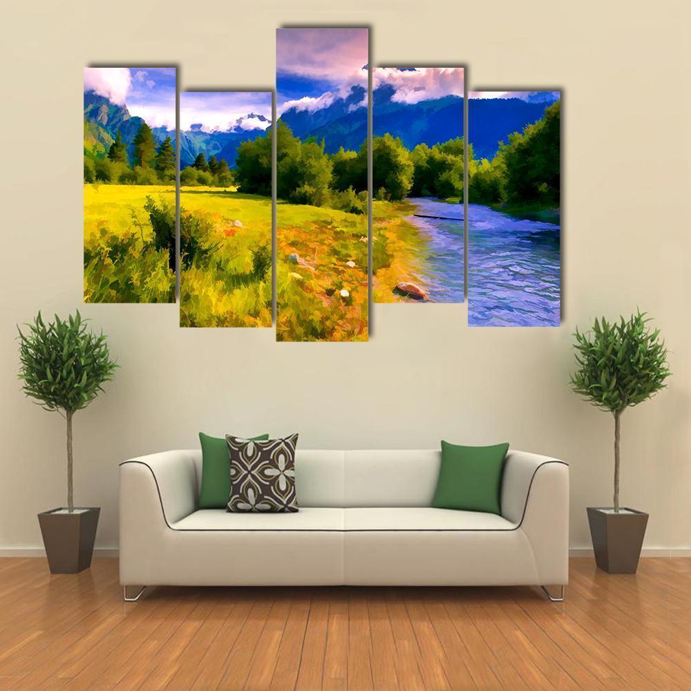 Blue River Watercolor Canvas Wall Art-5 Pop-Gallery Wrap-47" x 32"-Tiaracle