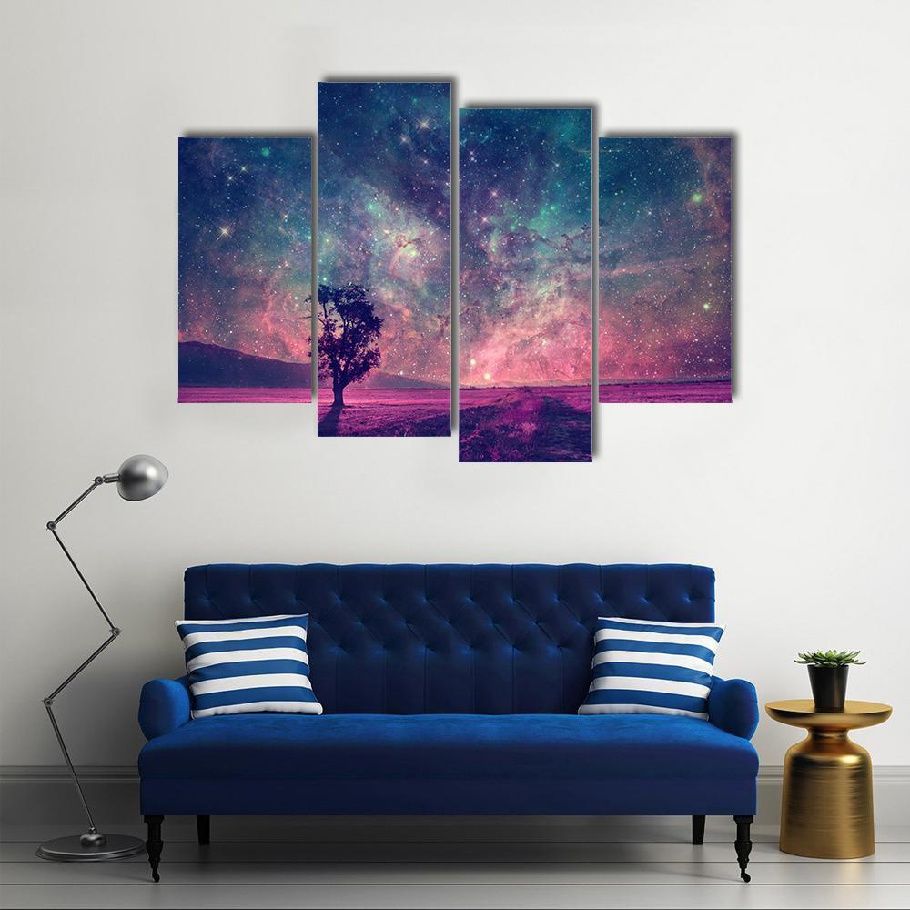 Tree In Purple Field Canvas Wall Art-4 Pop-Gallery Wrap-50" x 32"-Tiaracle