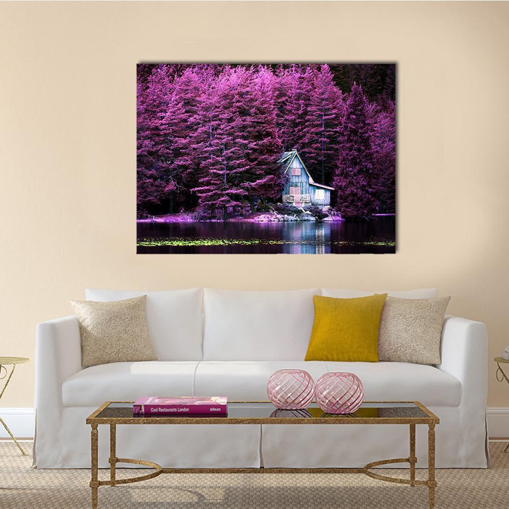 Villa on Calm Lake Canvas Wall Art in black, purple and pink, single panel hung on a wall