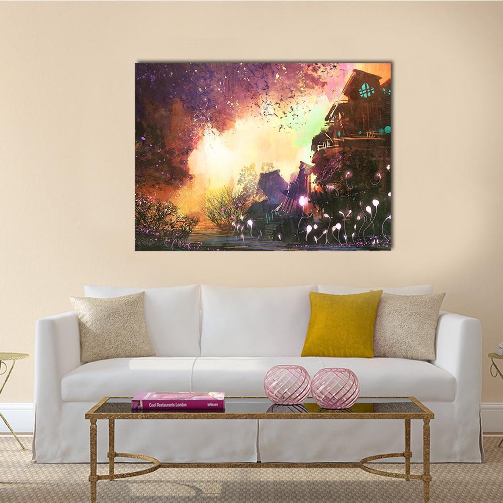 Ancient Tower in Enchanted Forest Canvas Wall Art in brown, yellow and purple, single panel hung on a wall