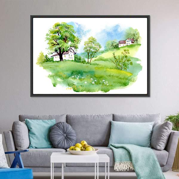Landscape With Houses Watercolor Canvas Wall Art-5 Horizontal-Gallery Wrap-22" x 12"-Tiaracle
