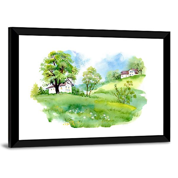 Landscape With Houses Watercolor Canvas Wall Art-5 Horizontal-Gallery Wrap-22" x 12"-Tiaracle