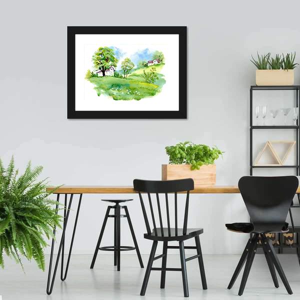 Landscape With Houses Watercolor Canvas Wall Art-5 Horizontal-Gallery Wrap-22" x 12"-Tiaracle