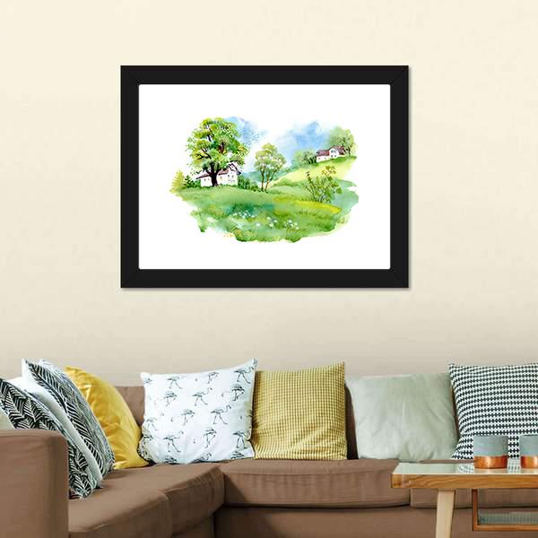 Landscape With Houses Watercolor Canvas Wall Art-5 Horizontal-Gallery Wrap-22" x 12"-Tiaracle