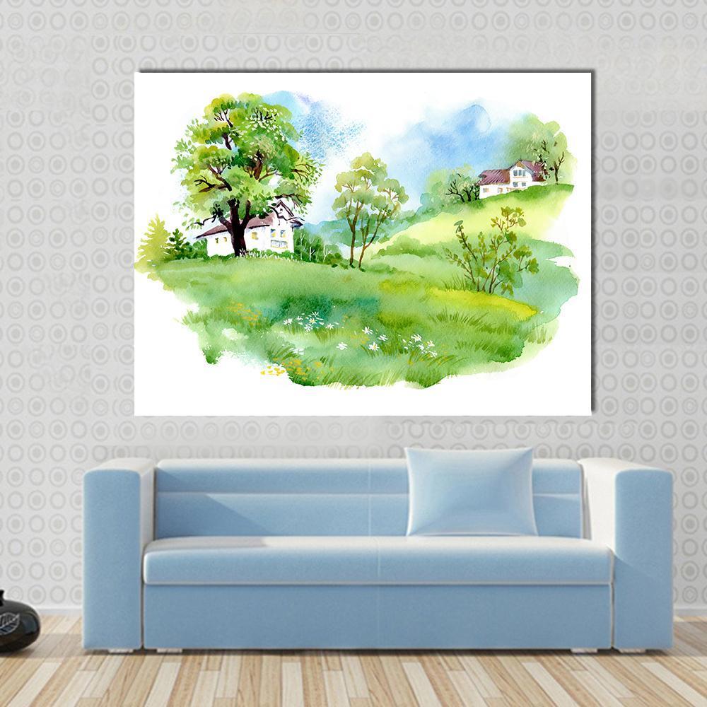 Landscape with Houses Watercolor Canvas Wall Art in white, green and blue, single panel hung on a wall