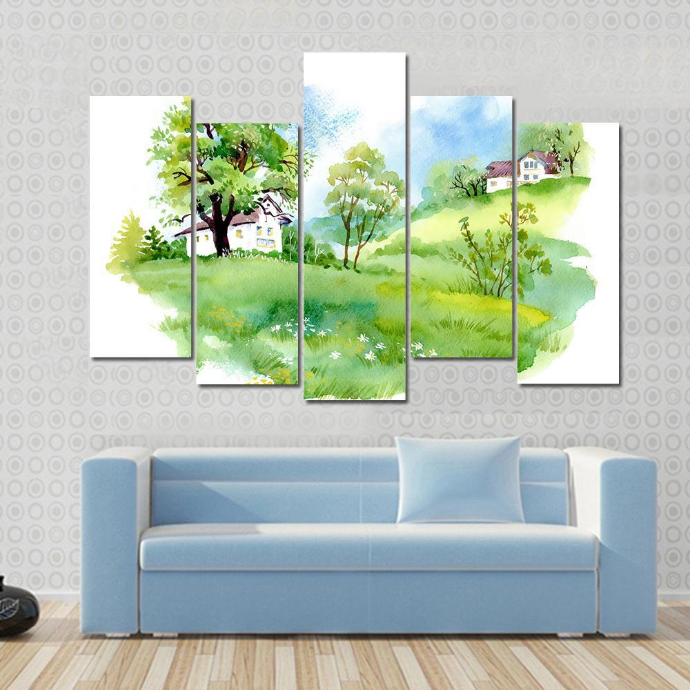 Landscape With Houses Watercolor Canvas Wall Art-5 Pop-Gallery Wrap-47" x 32"-Tiaracle