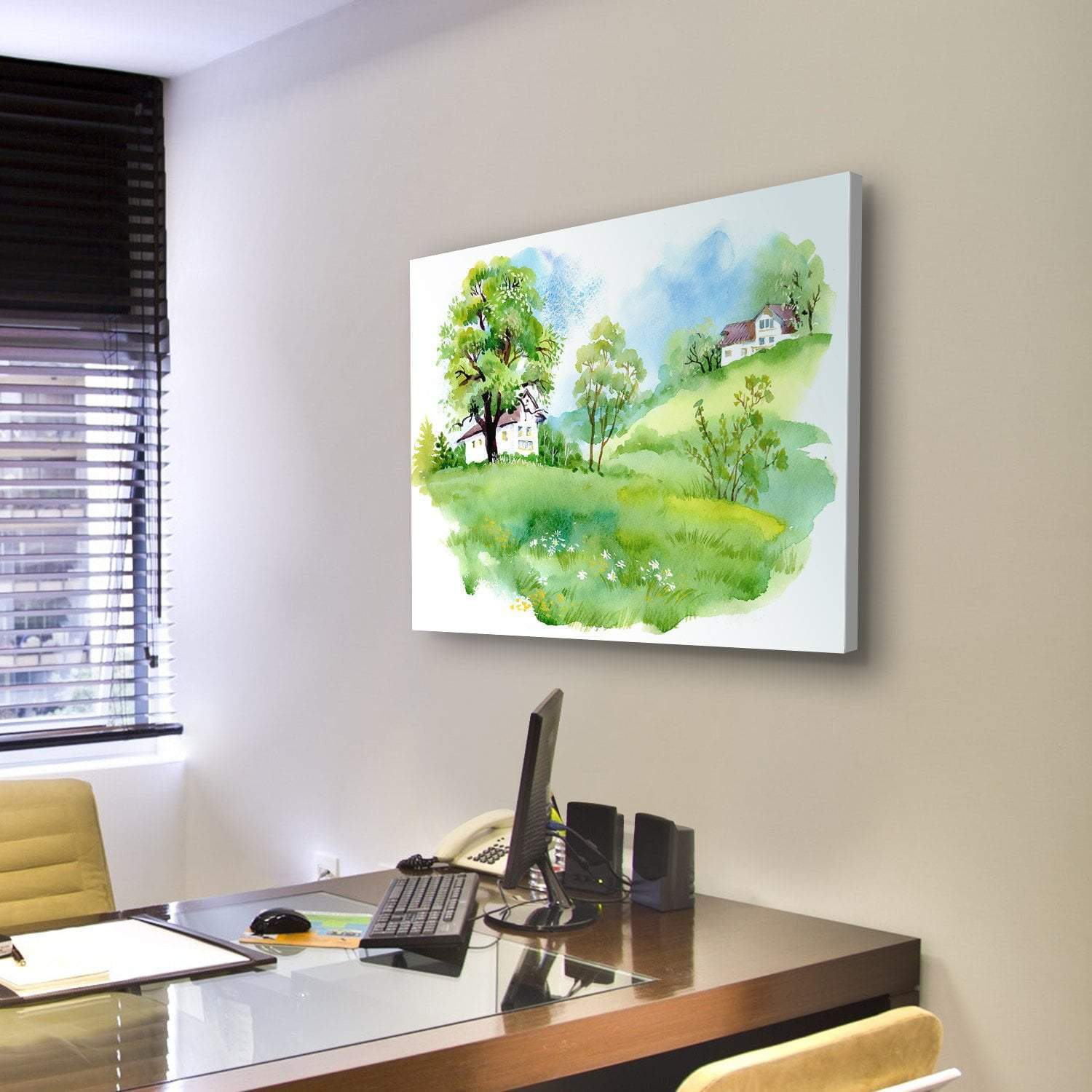 Landscape With Houses Watercolor Canvas Wall Art-3 Horizontal-Gallery Wrap-37" x 24"-Tiaracle