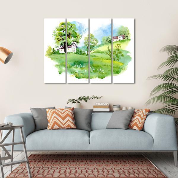 Landscape With Houses Watercolor Canvas Wall Art-4 Horizontal-Gallery Wrap-34" x 24"-Tiaracle