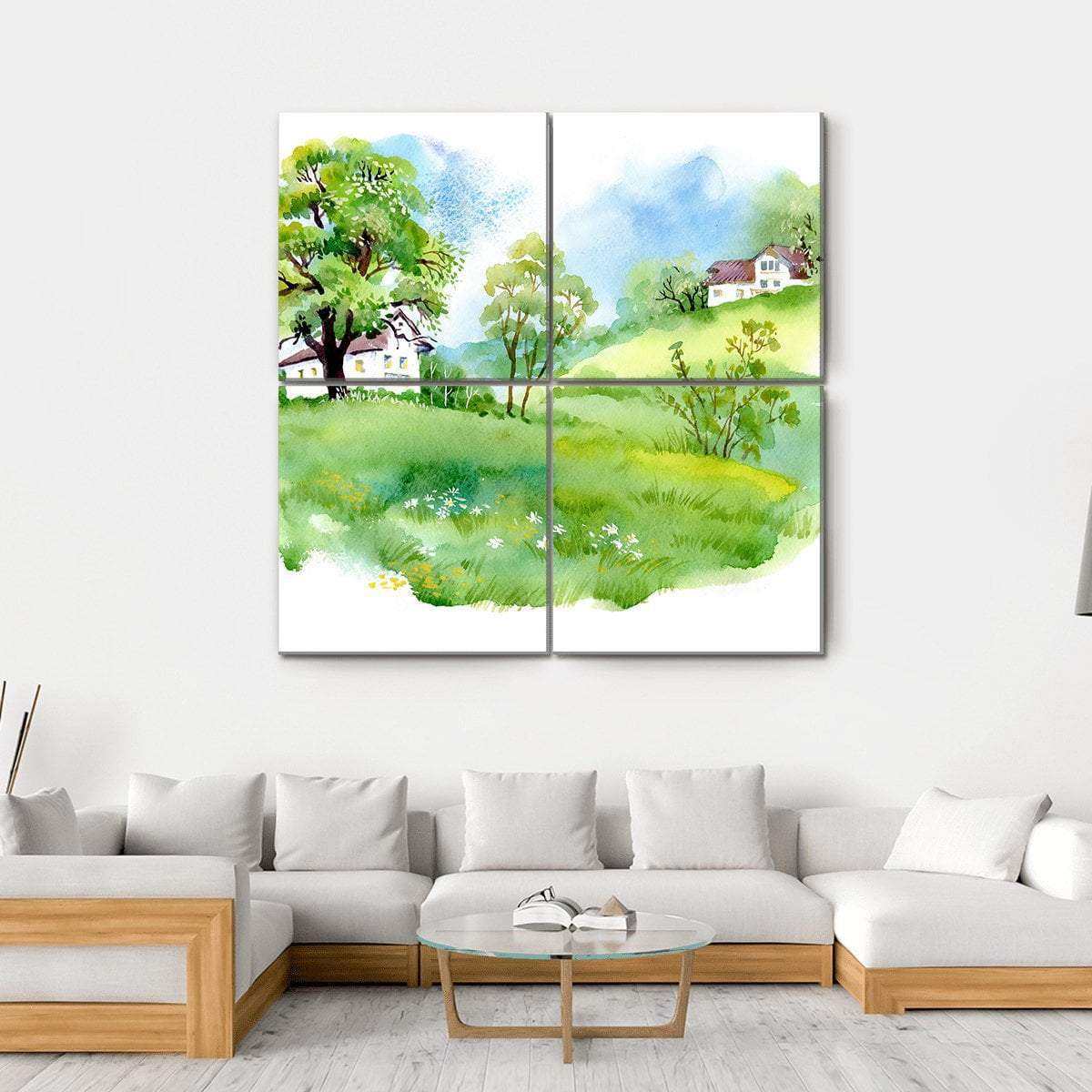 Landscape With Houses Watercolor Canvas Wall Art-4 Square-Gallery Wrap-17" x 17"-Tiaracle
