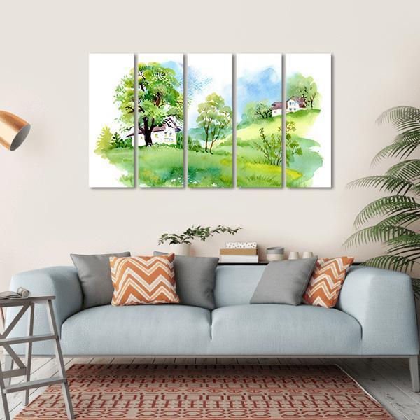 Landscape With Houses Watercolor Canvas Wall Art-5 Horizontal-Gallery Wrap-22" x 12"-Tiaracle