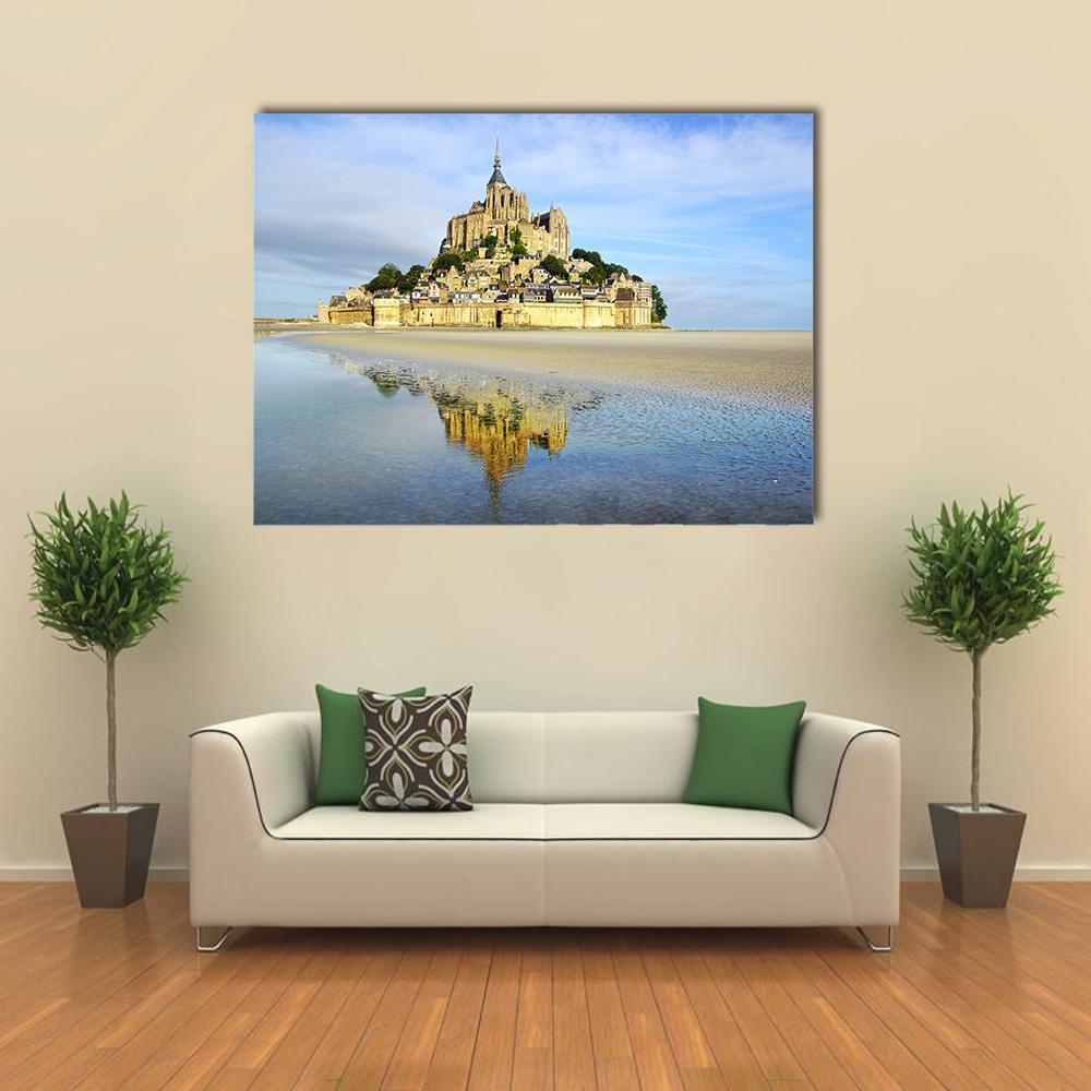 Mont Saint-michel Abbey on Tidal Flats Canvas Wall Art in gray, beige and blue, single panel hung on a wall