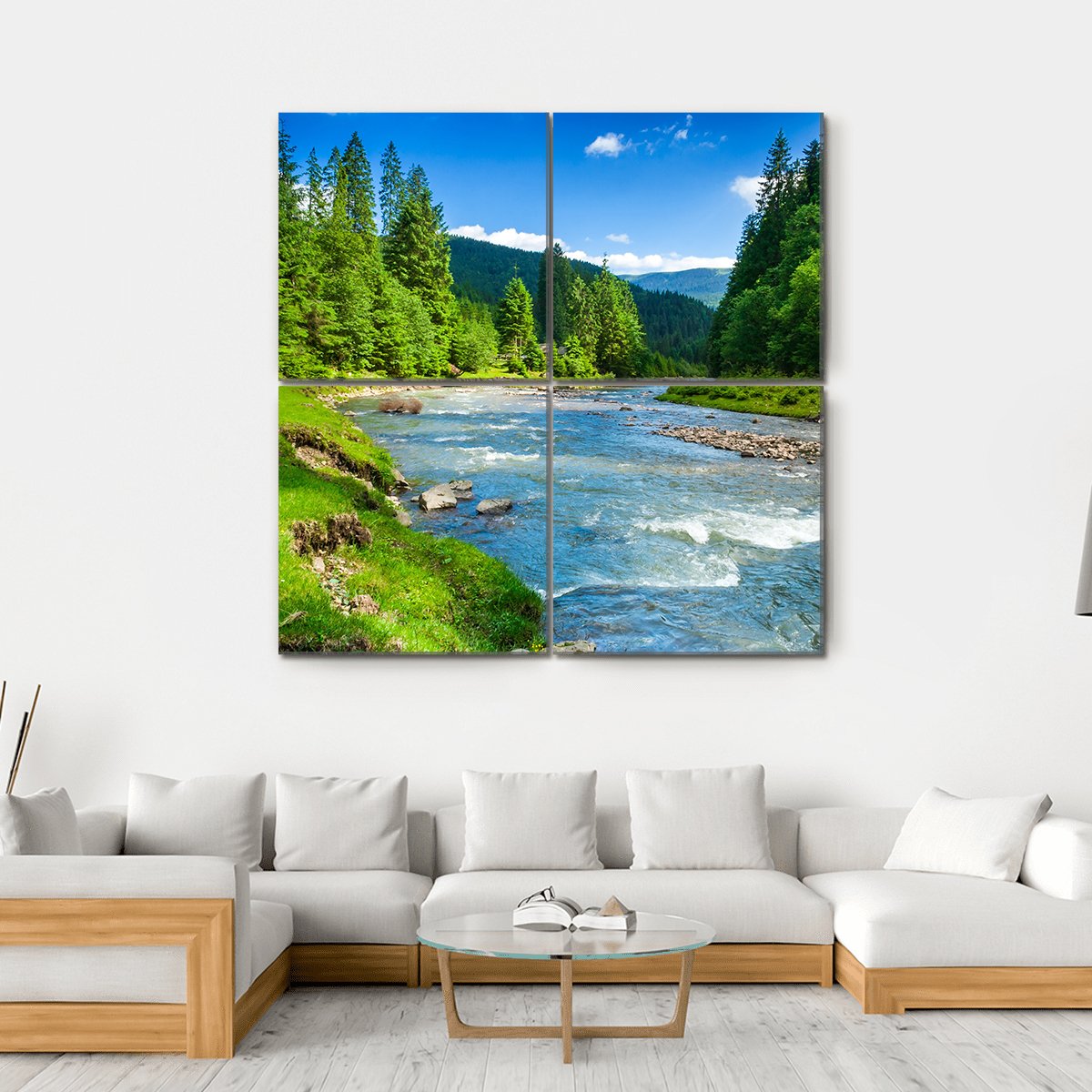 Landscape With Mountains Trees And A River Canvas Wall Art-4 Square-Gallery Wrap-17" x 17"-Tiaracle