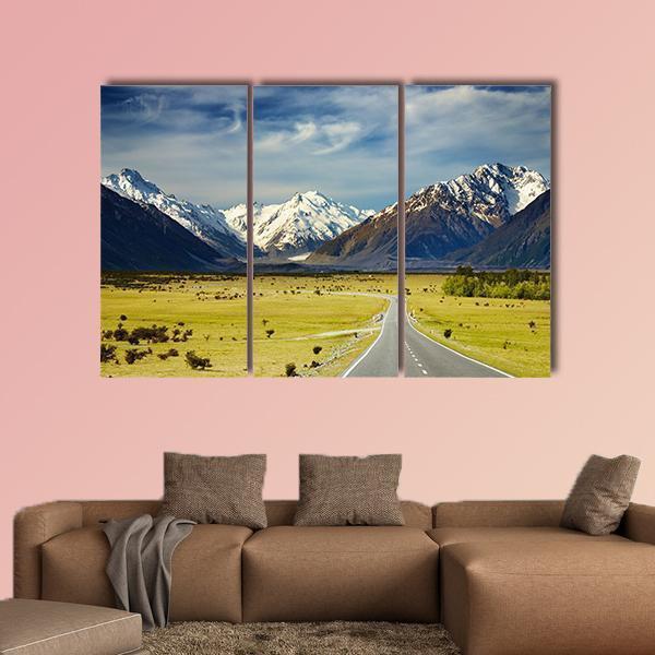 Road To Snowy Mountains Canvas Wall Art-3 Horizontal-Gallery Wrap-37" x 24"-Tiaracle