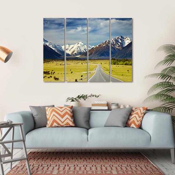 Road To Snowy Mountains Canvas Wall Art-4 Horizontal-Gallery Wrap-34" x 24"-Tiaracle