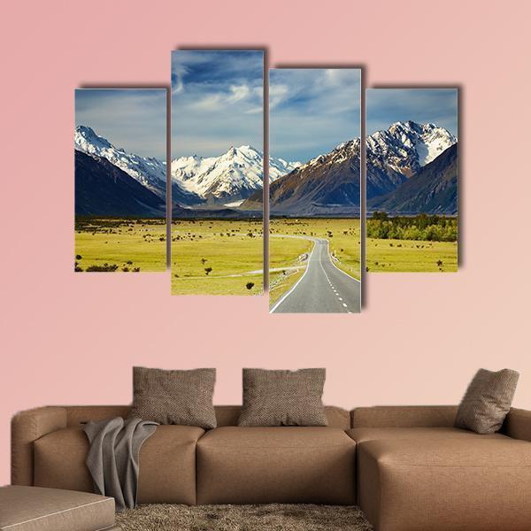 Road To Snowy Mountains Canvas Wall Art-4 Pop-Gallery Wrap-50" x 32"-Tiaracle