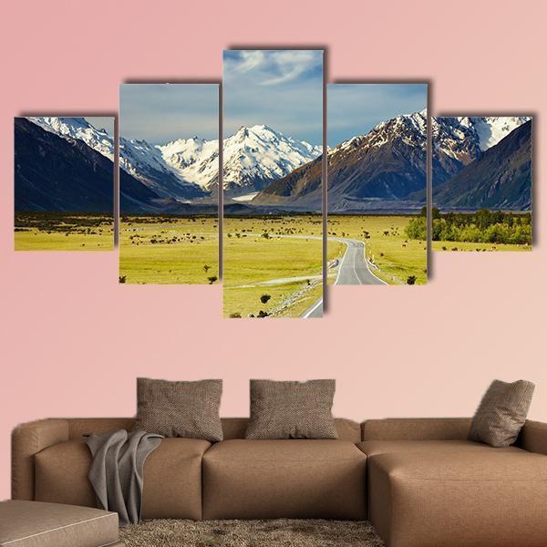 Road To Snowy Mountains Canvas Wall Art-5 Star-Gallery Wrap-62" x 32"-Tiaracle