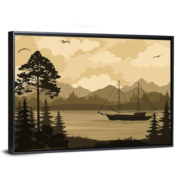 Landscape With Ship Sailboat On Mountain Lake Canvas Wall Art-3 Horizontal-Gallery Wrap-25&quot; x 16&quot;-Tiaracle