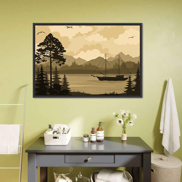 Landscape With Ship Sailboat On Mountain Lake Canvas Wall Art-1 Piece-Floating Frame-24&quot; x 16&quot;-Tiaracle