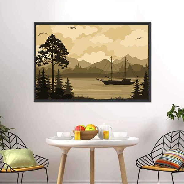 Landscape With Ship Sailboat On Mountain Lake Canvas Wall Art-3 Horizontal-Gallery Wrap-25&quot; x 16&quot;-Tiaracle
