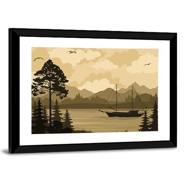 Landscape With Ship Sailboat On Mountain Lake Canvas Wall Art-3 Horizontal-Gallery Wrap-25&quot; x 16&quot;-Tiaracle
