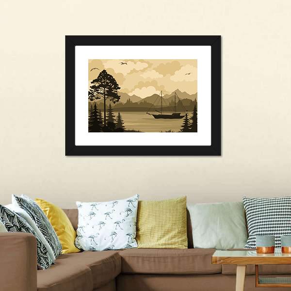 Landscape With Ship Sailboat On Mountain Lake Canvas Wall Art-3 Horizontal-Gallery Wrap-25&quot; x 16&quot;-Tiaracle