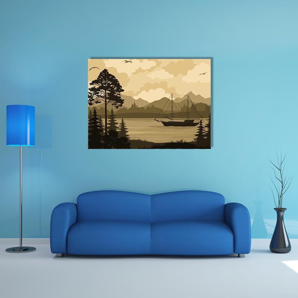 Landscape With Ship Sailboat On Mountain Lake Canvas Wall Art-1 Piece-Gallery Wrap-48&quot; x 32&quot;-Tiaracle