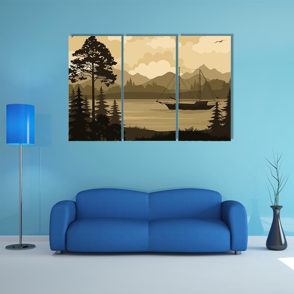Landscape With Ship Sailboat On Mountain Lake Canvas Wall Art-3 Horizontal-Gallery Wrap-37" x 24"-Tiaracle