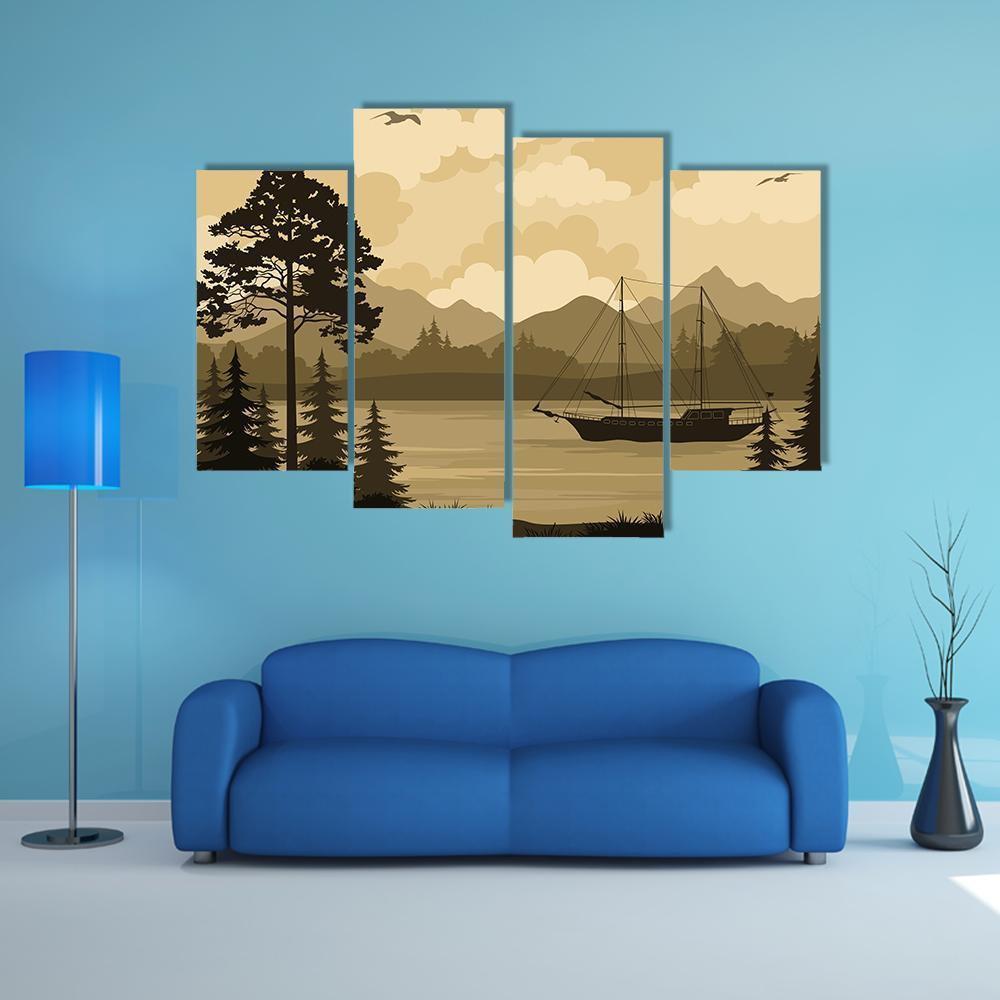 Landscape With Ship Sailboat On Mountain Lake Canvas Wall Art-4 Pop-Gallery Wrap-50&quot; x 32&quot;-Tiaracle