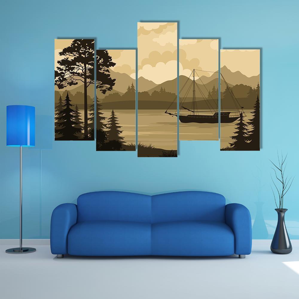 Landscape With Ship Sailboat On Mountain Lake Canvas Wall Art-5 Pop-Gallery Wrap-47&quot; x 32&quot;-Tiaracle