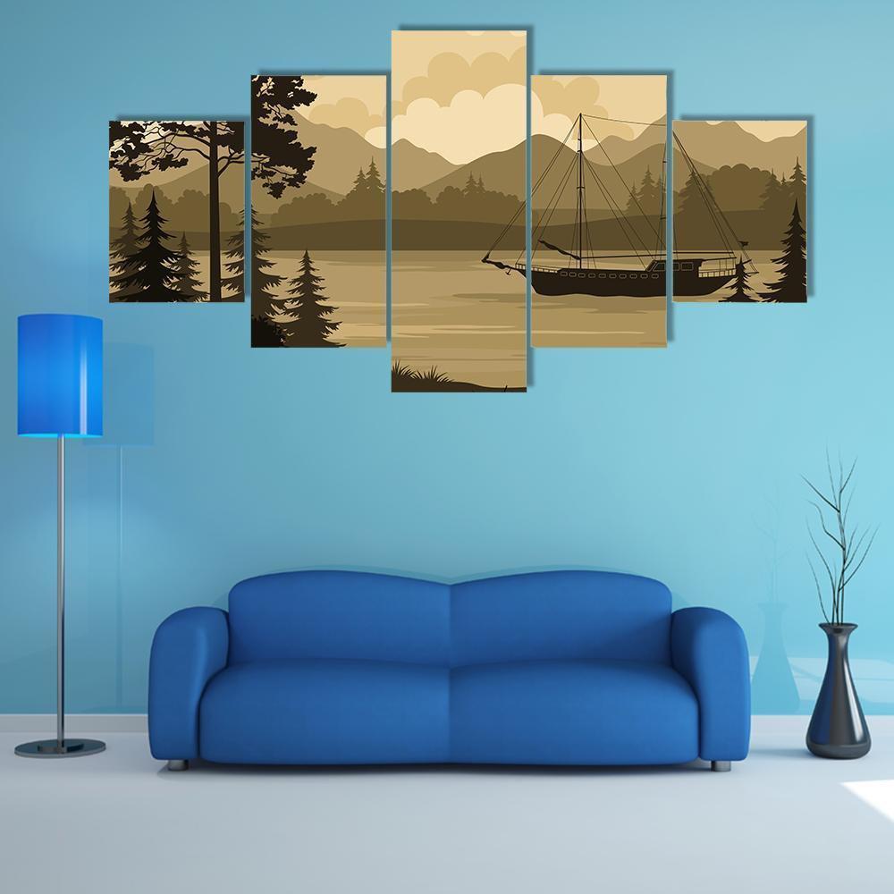 Landscape With Ship Sailboat On Mountain Lake Canvas Wall Art-3 Horizontal-Gallery Wrap-37" x 24"-Tiaracle