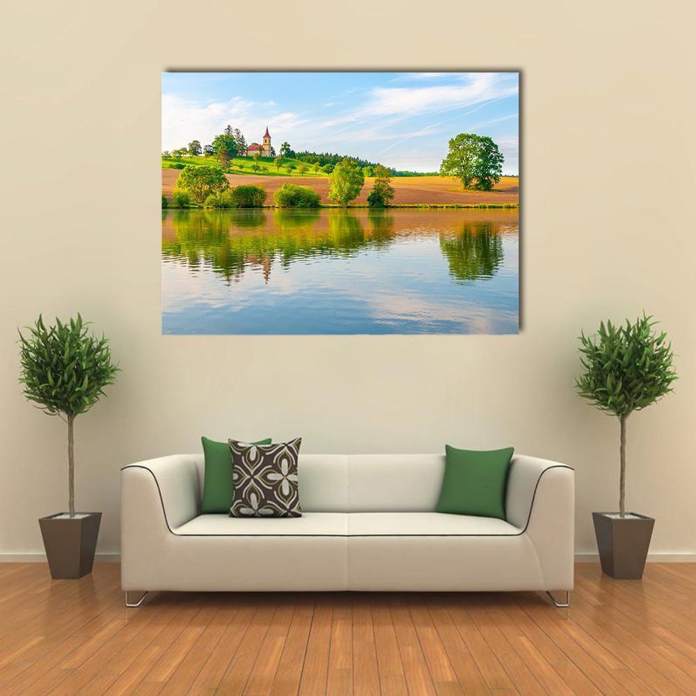 Small Church With Lake Canvas Wall Art-1 Piece-Gallery Wrap-48" x 32"-Tiaracle