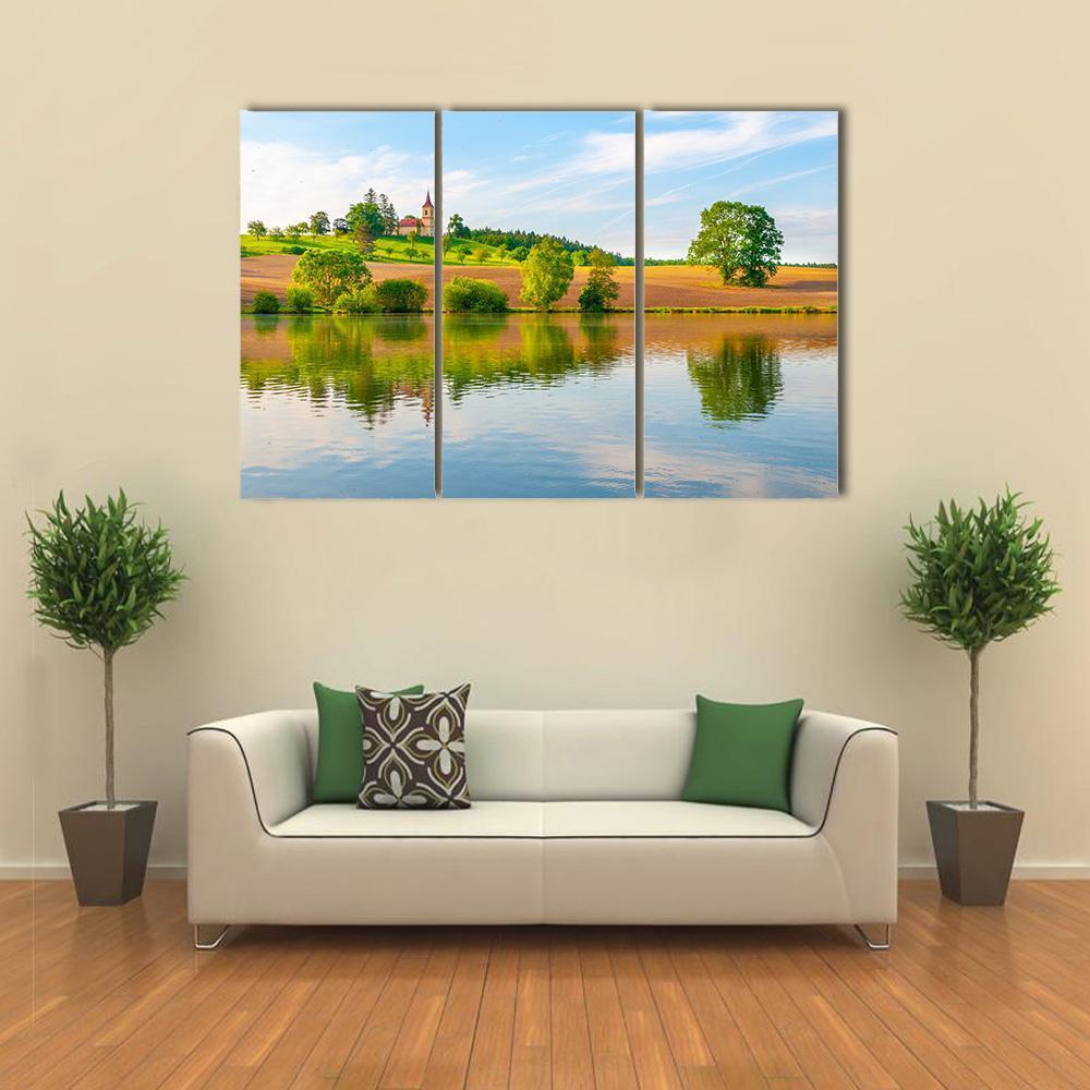 Small Church With Lake Canvas Wall Art-3 Horizontal-Gallery Wrap-37" x 24"-Tiaracle