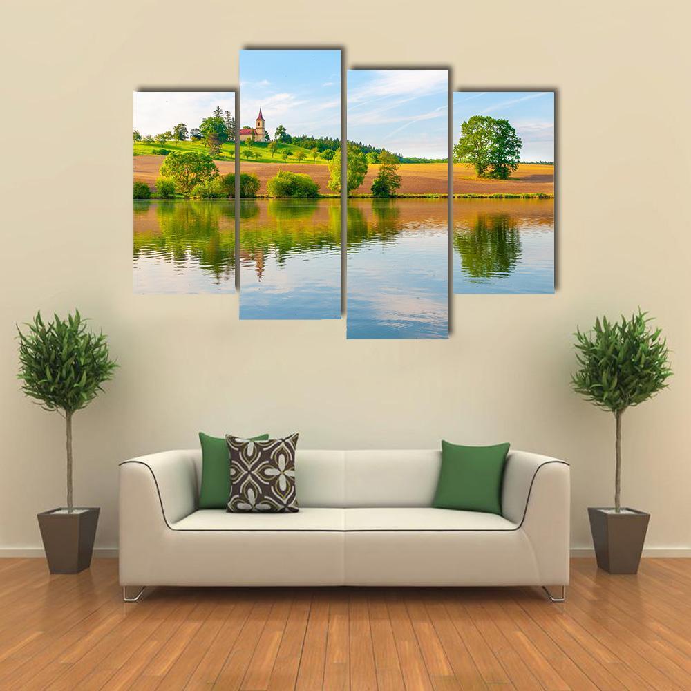 Small Church With Lake Canvas Wall Art-4 Pop-Gallery Wrap-50" x 32"-Tiaracle