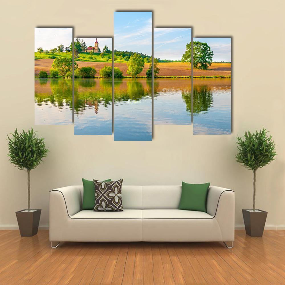 Small Church With Lake Canvas Wall Art-5 Pop-Gallery Wrap-47" x 32"-Tiaracle