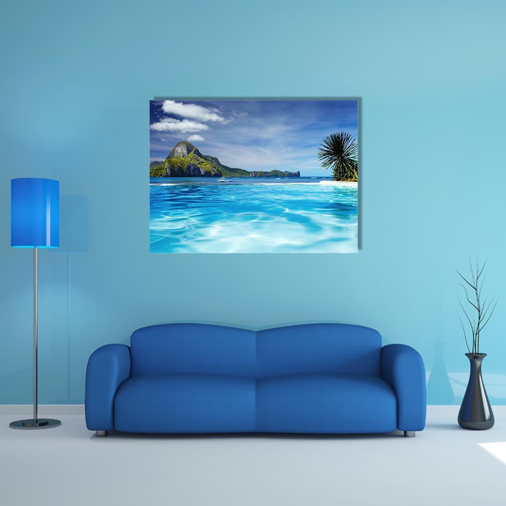 Cadlao Island Tropical Beach View Canvas Wall Art in white, green and blue, single panel hung on a wall