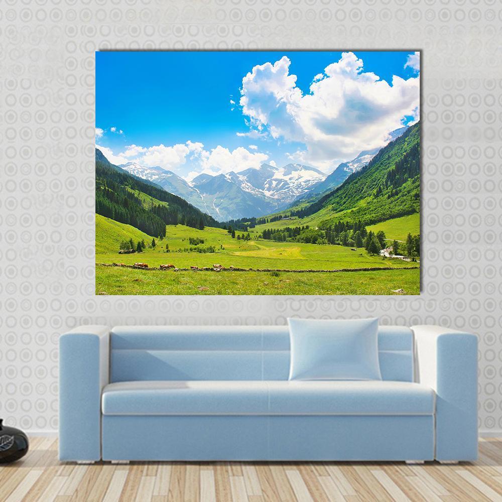 Landscape with the Alps Canvas Wall Art in white, green and blue, single panel hung on a wall