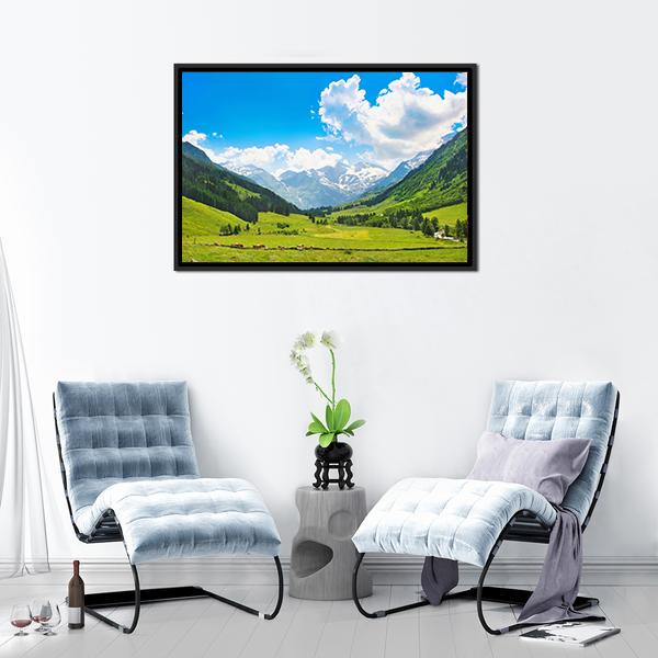 Landscape with the Alps Canvas Wall Art in white, green and blue, framed canvas, product view on a white background