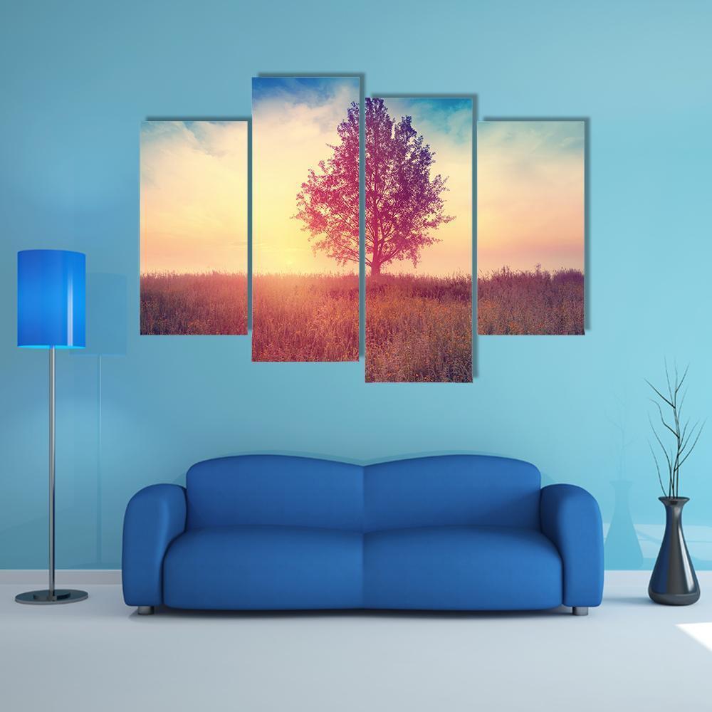 Alone Tree Over Sunrise Canvas Wall Art-4 Pop-Gallery Wrap-50" x 32"-Tiaracle