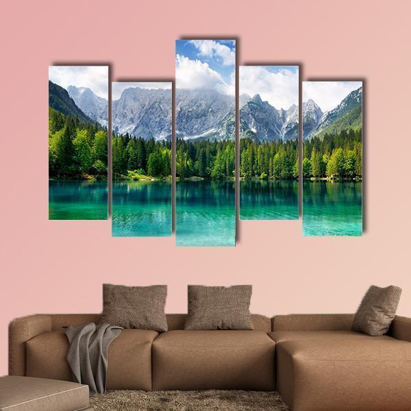 Turquoise Lake In Forest Canvas Wall Art-5 Pop-Gallery Wrap-47&quot; x 32&quot;-Tiaracle