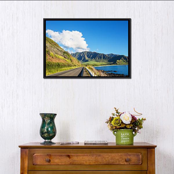 Road Near Oahu Island Canvas Wall Art-1 Piece-Floating Frame-24" x 16"-Tiaracle
