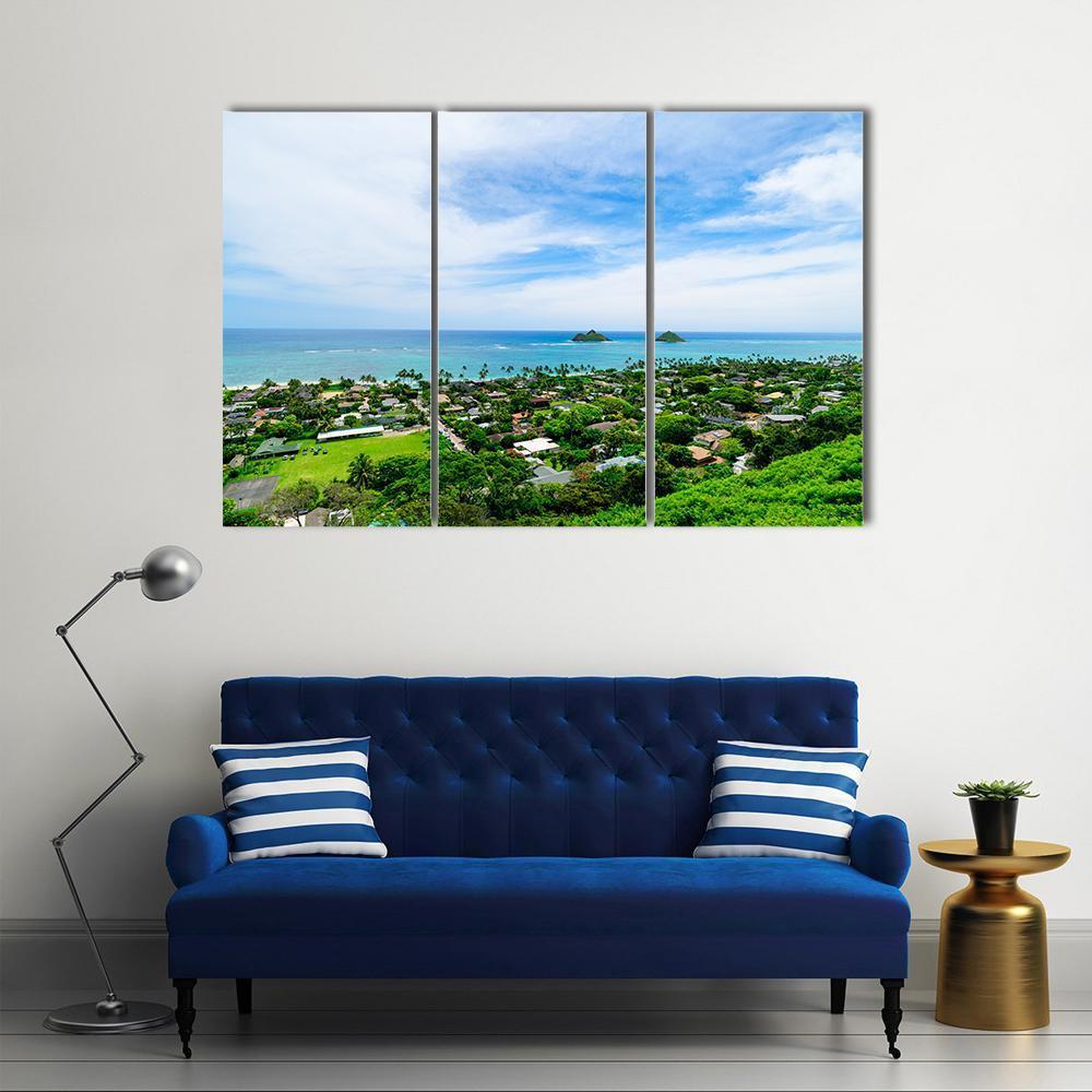 Lanikai Beach With City Canvas Wall Art-3 Horizontal-Gallery Wrap-37" x 24"-Tiaracle